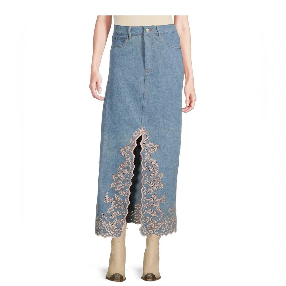 Driftwood Serena Embroidered Denim Maxi Skirt - Pink Promise